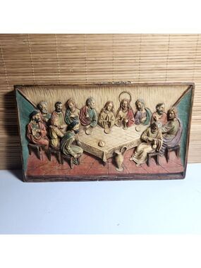 Vintage Last Supper 3D Wall Plaque High Relief Alabaster Resin Made in Italy 12